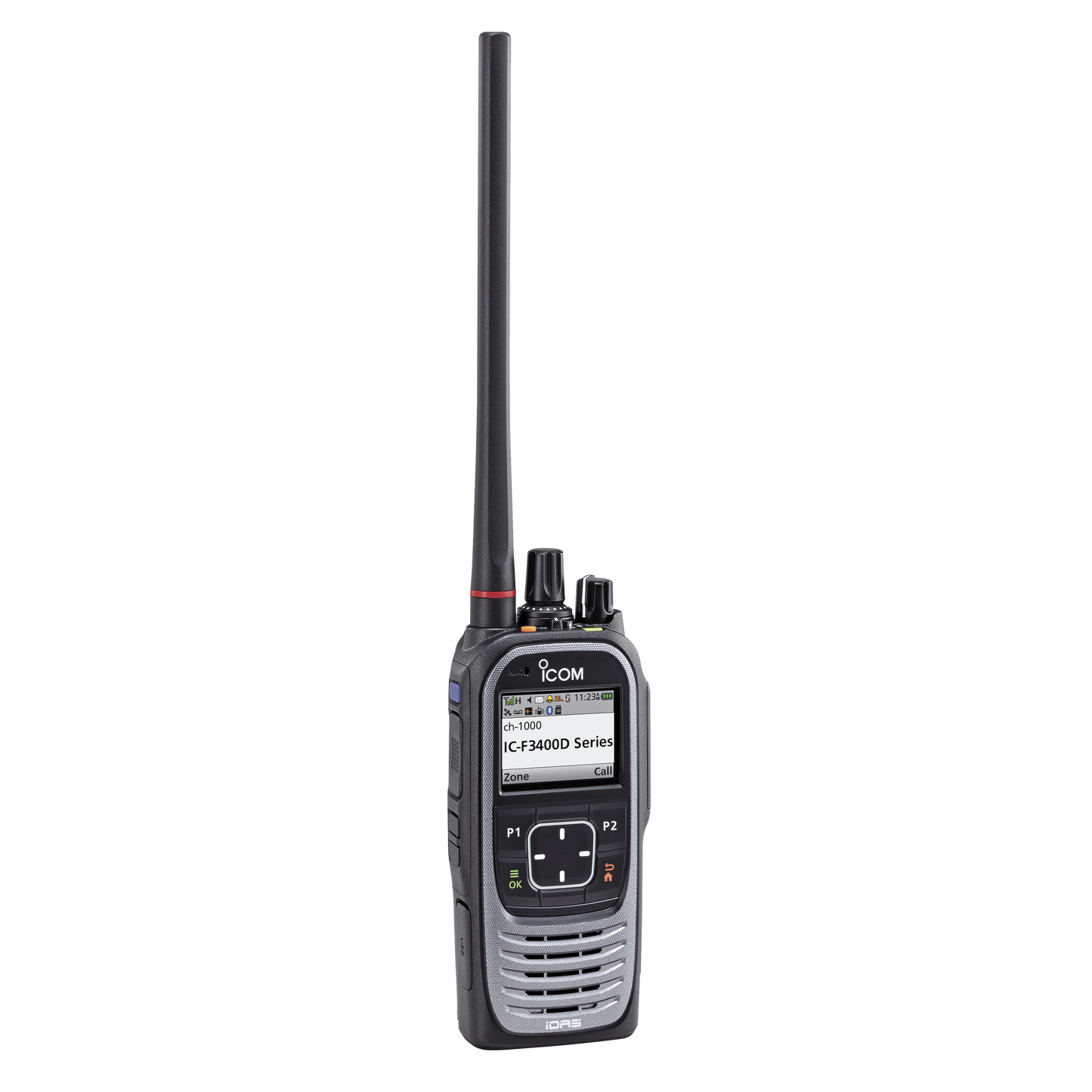 Radio portátil digital y analógico con pantalla a color en rango de frecuencia 136-174MHz, 1024 canales, 5 W de potencia de RF.  Batería, cargador, antena y clip incluidos.