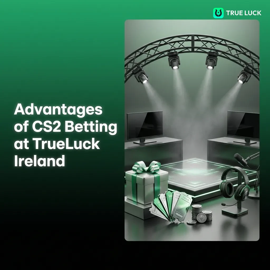 TrueLuck Ireland CS2 betting platform showing welcome bonuses, payment methods, and mobile app features for Irish players