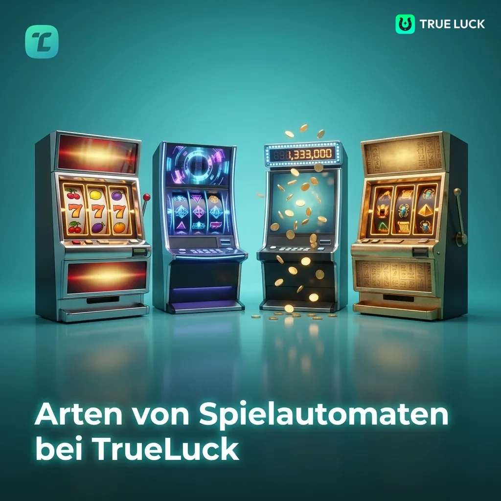 Colorful slot machine reels displaying various game types including classic, video, Megaways, and jackpot slots at TrueLuck