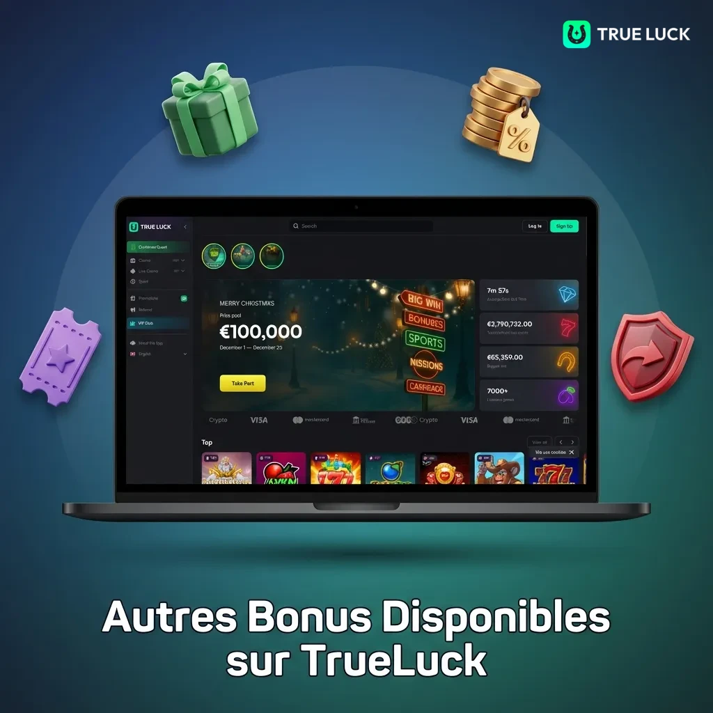 TrueLuck casino promotional bonuses including weekly reload, cashback, loyalty program, and referral rewards display