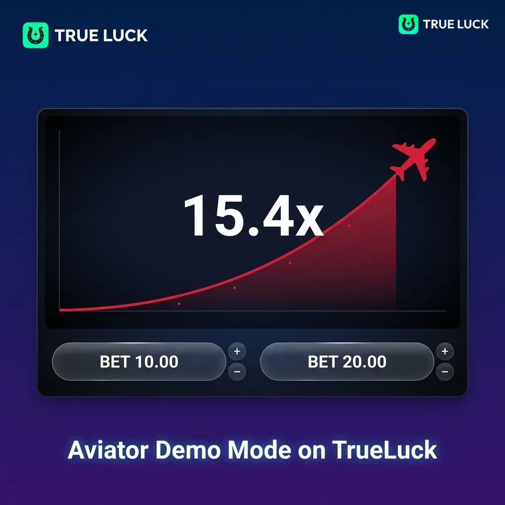 TrueLuck's Aviator demo mode interface showing free play option with virtual credits and cash-out controls
