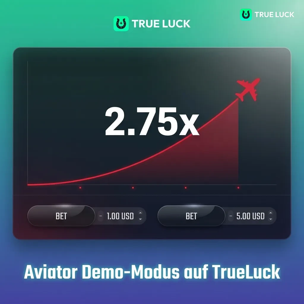 Aviator Demo-Modus Interface auf TrueLuck zeigt virtuelles Guthaben zum risikofreien Testen des Spiels