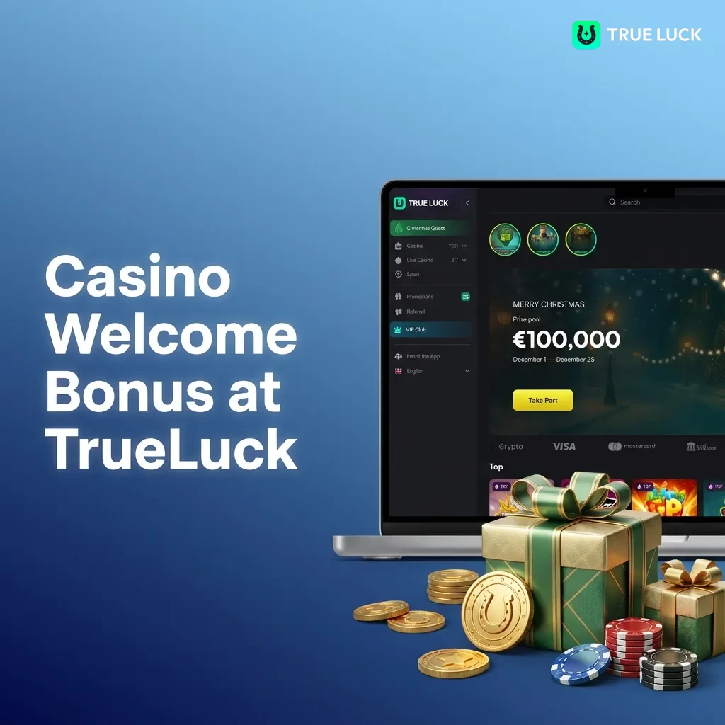 TrueLuck Casino welcome bonus offers for Irish players showing three deposit match tiers with free spins and wagering terms