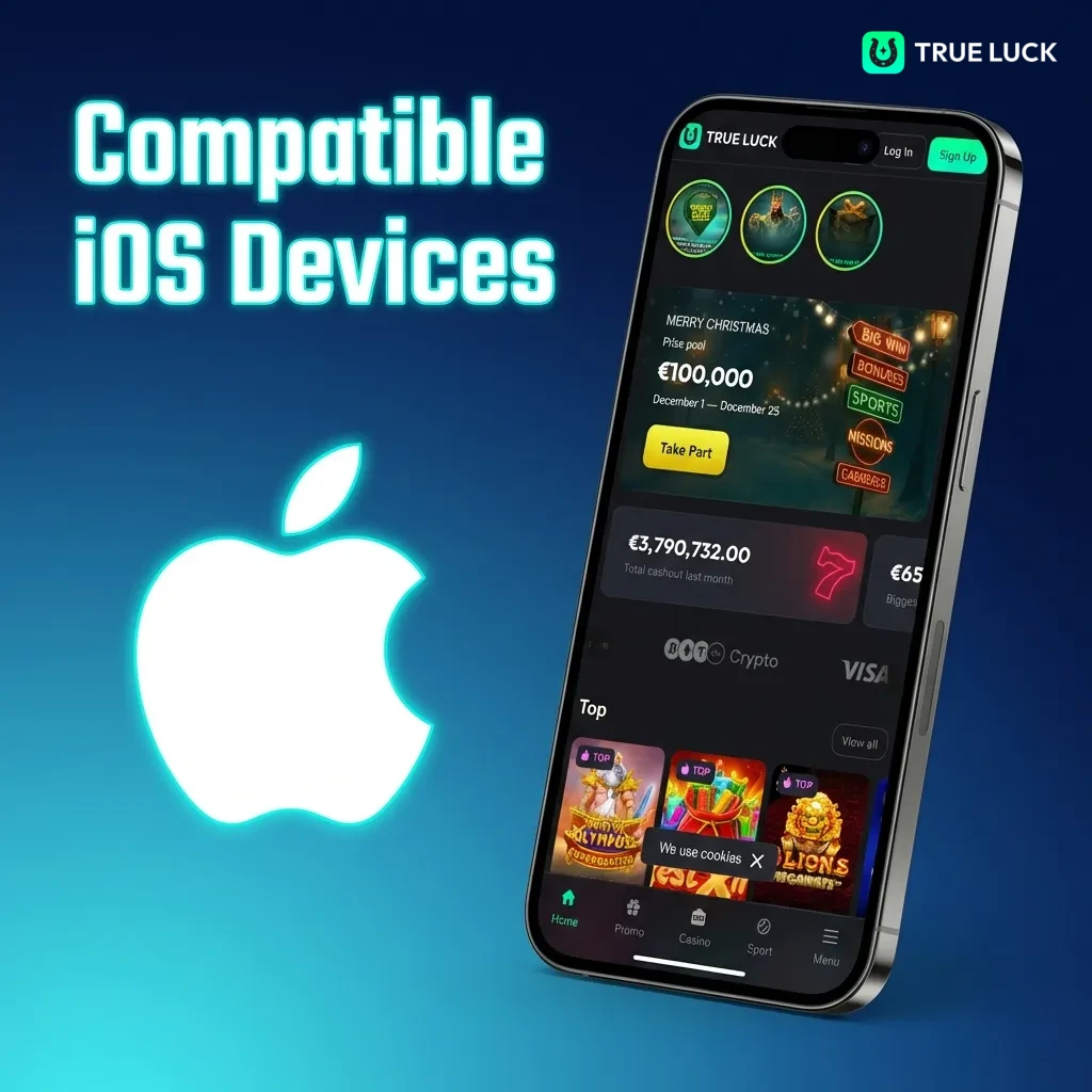 List of compatible iOS devices for TrueLuck app, including iPhone models X through 15 and recent iPad models