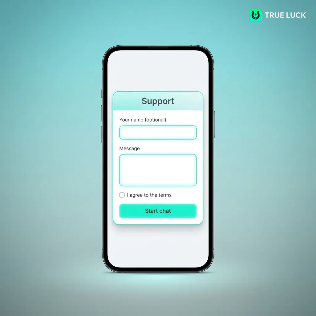 TrueLuck 24/7 customer support options: live chat, email, and FAQ with response times shown in table format