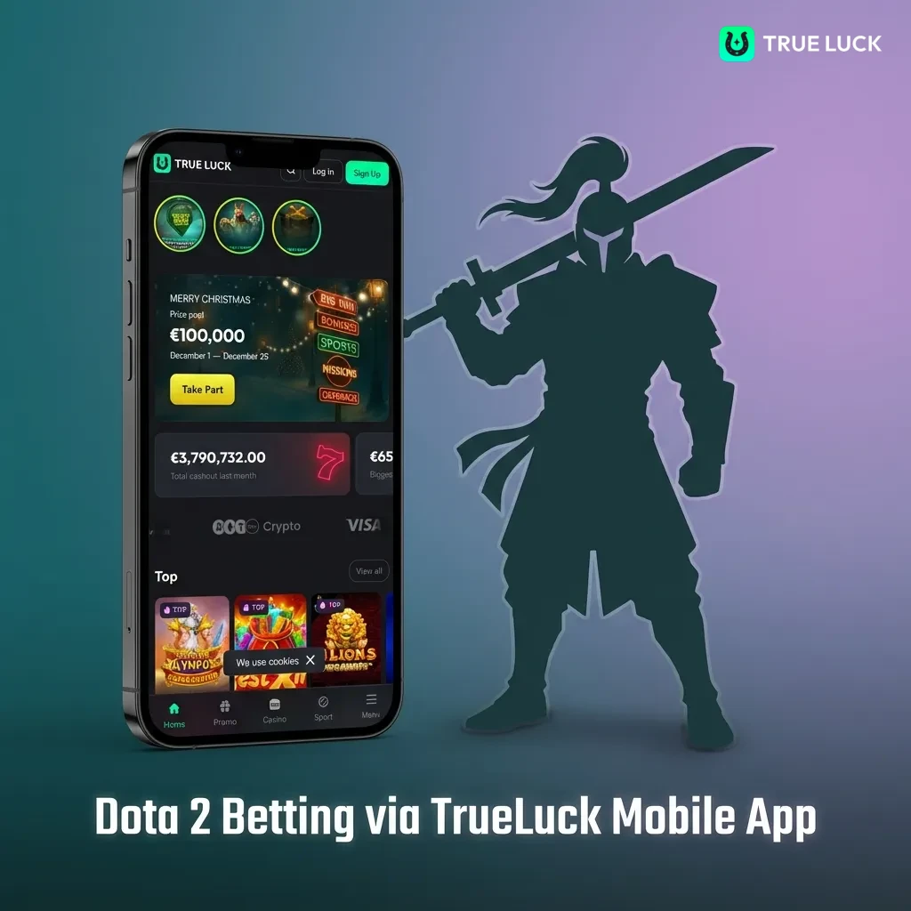 TrueLuck mobile app interface showing Dota 2 esports betting options with matches and odds displayed on smartphone screen