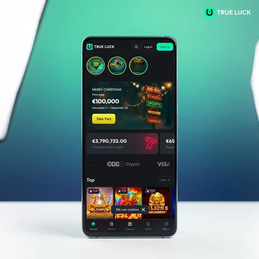 Interface mobile TrueLuck avec navigation par onglets pour casino, paris sportifs et gestion de compte