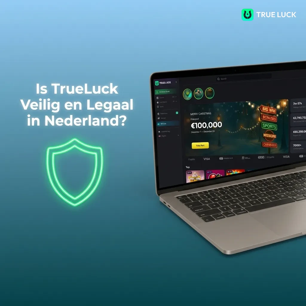 TrueLuck casino logo met veiligheidssymbolen en Nederlandse vlag, illustreert legale en veilige online gokdiensten