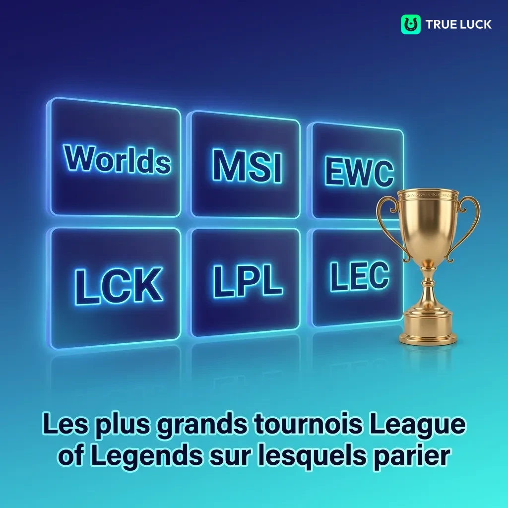 Major League of Legends tournaments including Worlds, MSI, and regional leagues LEC, LCK, and LPL for esports betting