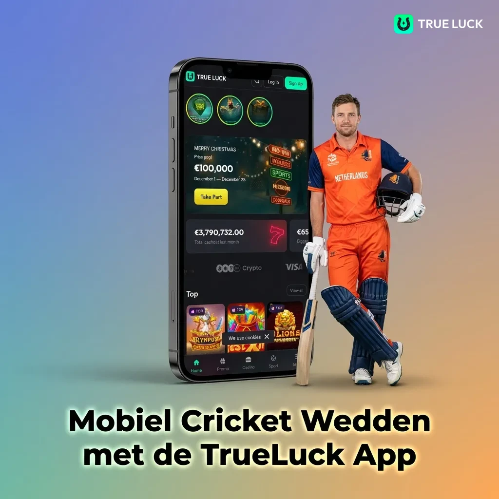 TrueLuck mobile cricket betting app showing Android and iOS installation options with live match interface