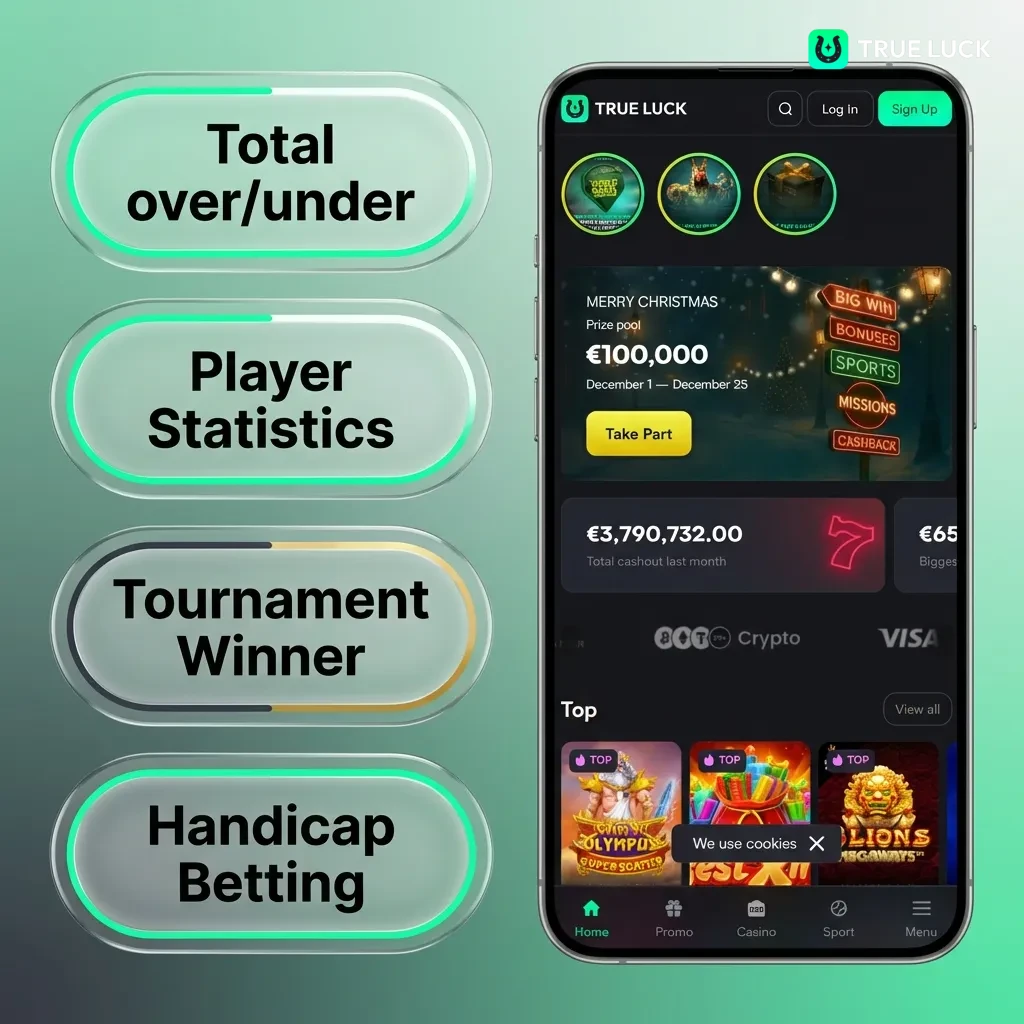 TrueLuck betting app showing different bet types: single, accumulator, system, handicap, and live in-play options