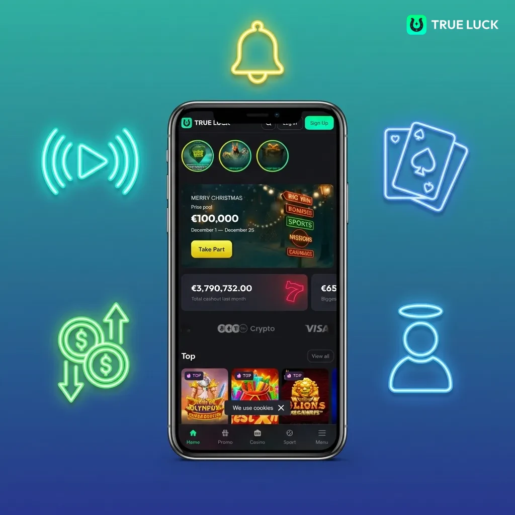 TrueLuck app interface showing live betting, casino games, deposits, withdrawals, profile management, and notification features.