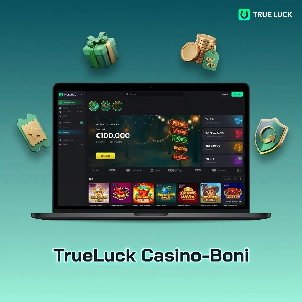 TrueLuck Casino welcome bonuses: 250% slots bonus up to €4,000 with 175 free spins, live casino bonus, and cashback offers