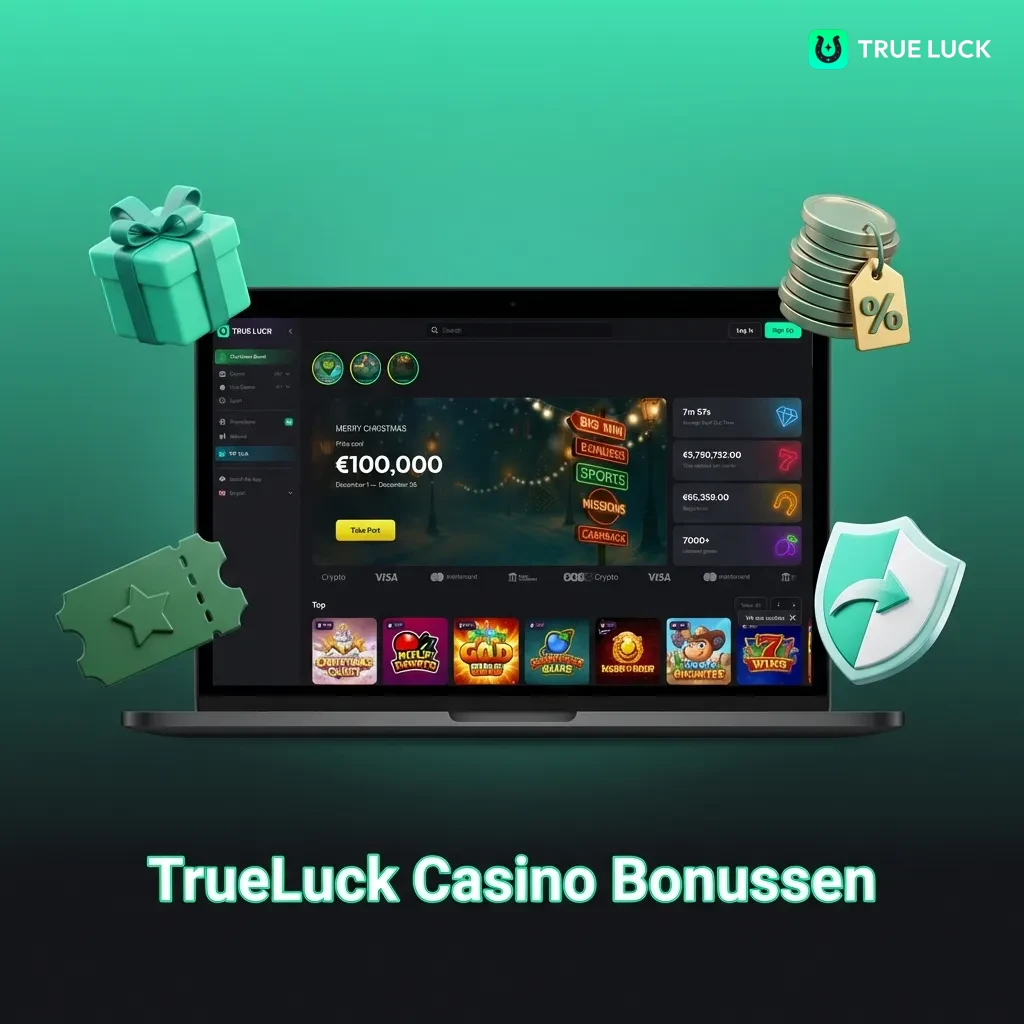 TrueLuck Casino welcome bonuses: 250% slots bonus up to €4,000 with 175 free spins, and 250% live casino bonus up to €2,000