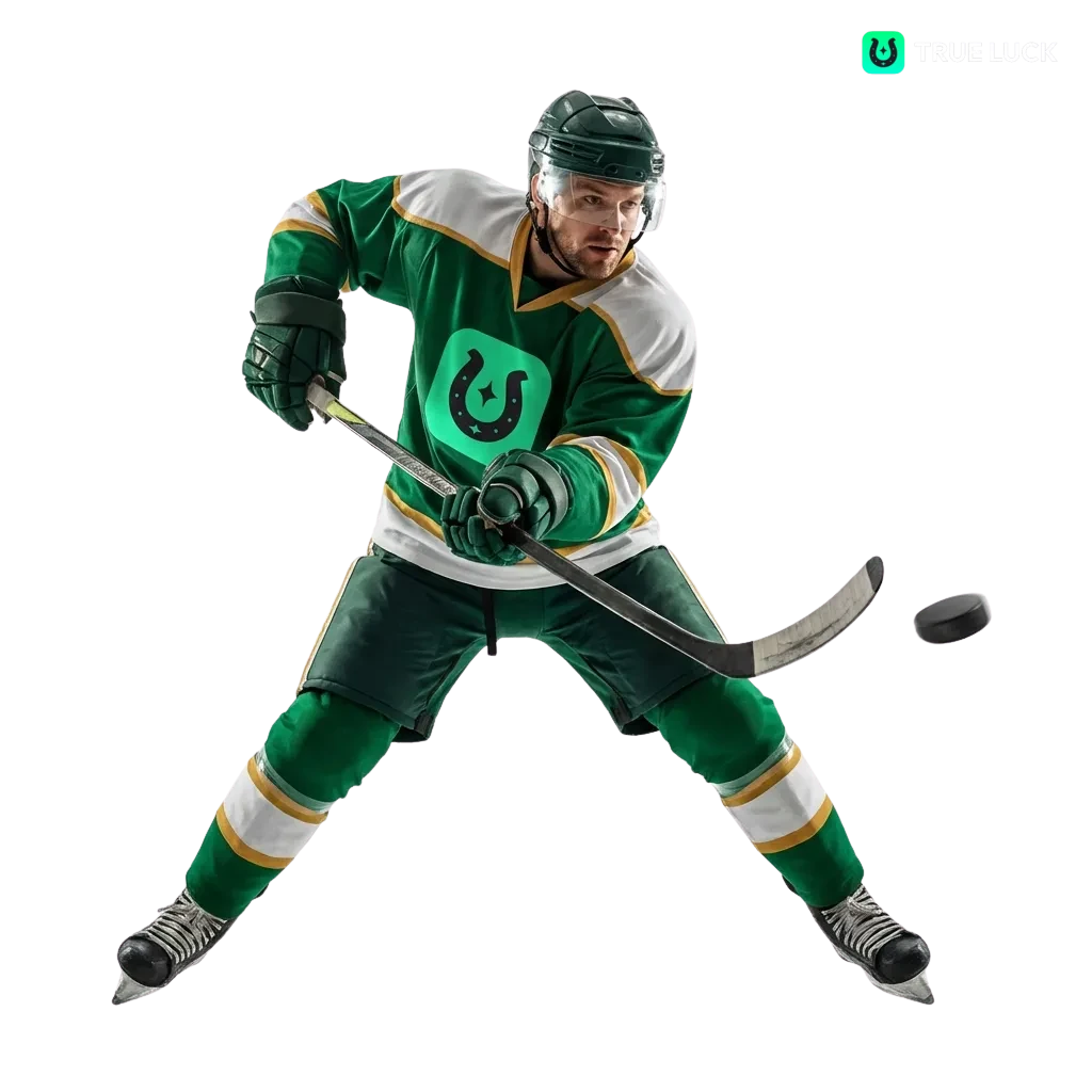 Ice hockey players competing on ice rink with betting odds and TrueLuck branding overlay