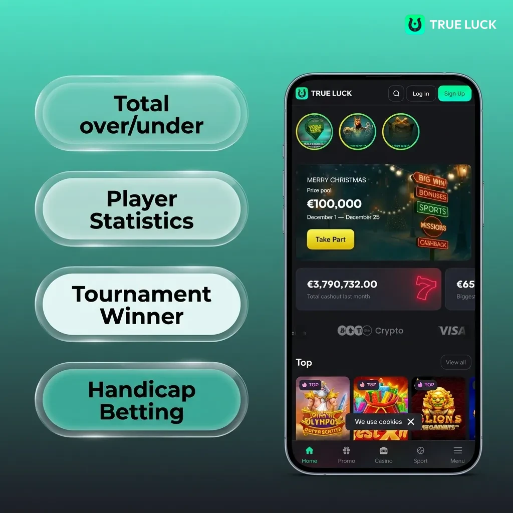 TrueLuck betting app interface showing various bet types including single, accumulator, treble, system, and each-way options