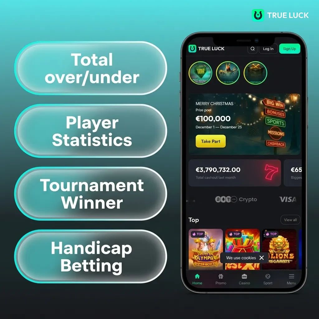 TrueLuck App betting types overview showing single bets, accumulators, system bets, live betting, and handicap options