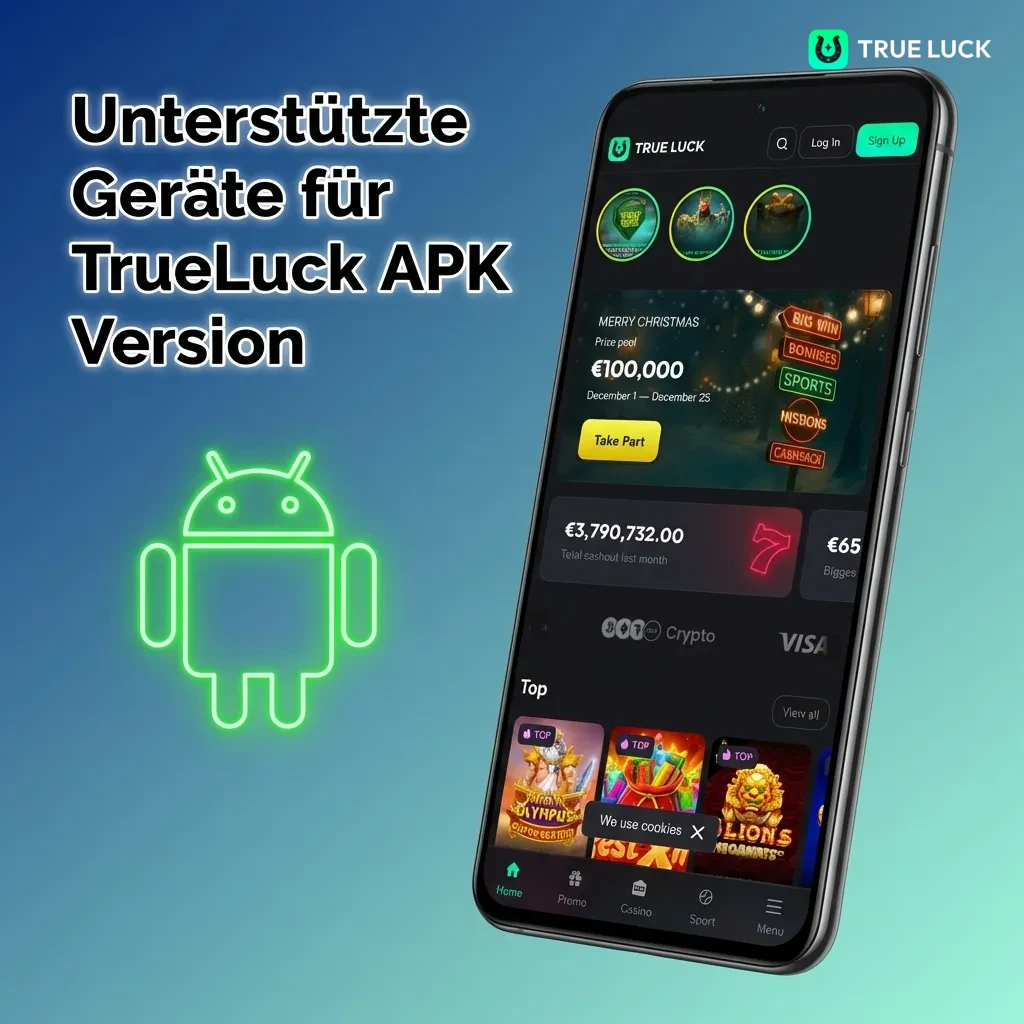 TrueLuck APK compatibility table showing supported smartphone brands including Samsung, Sony, Huawei, OnePlus, and Xiaomi models.