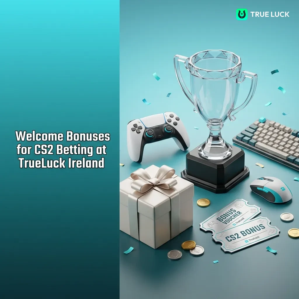 TrueLuck Ireland welcome bonus banner showing 250% casino offers and 100% sports bonus up to €300 for CS2 betting