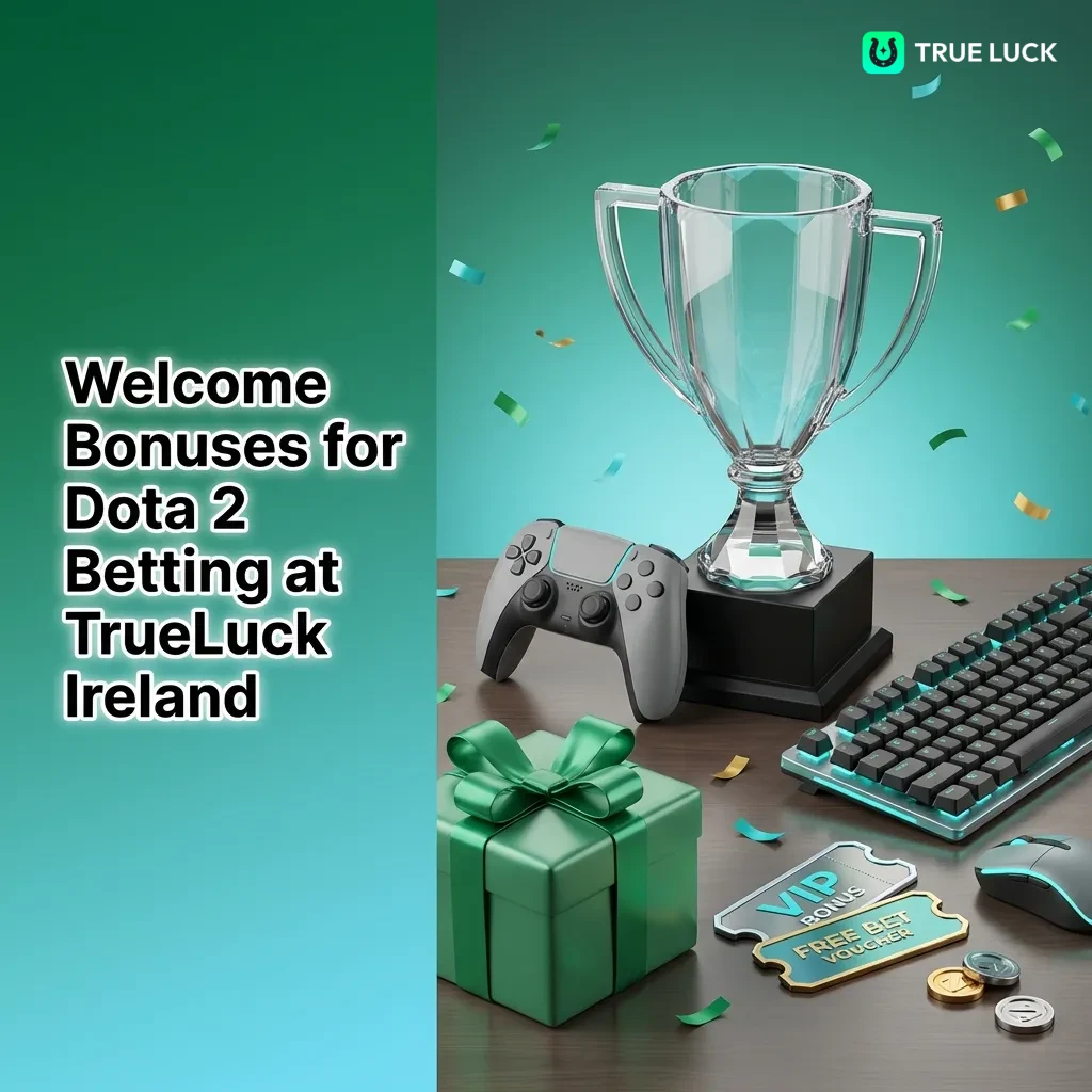TrueLuck Ireland welcome bonus interface showing 250% casino bonus, 100% sports bonus for Dota 2 betting, and registration steps