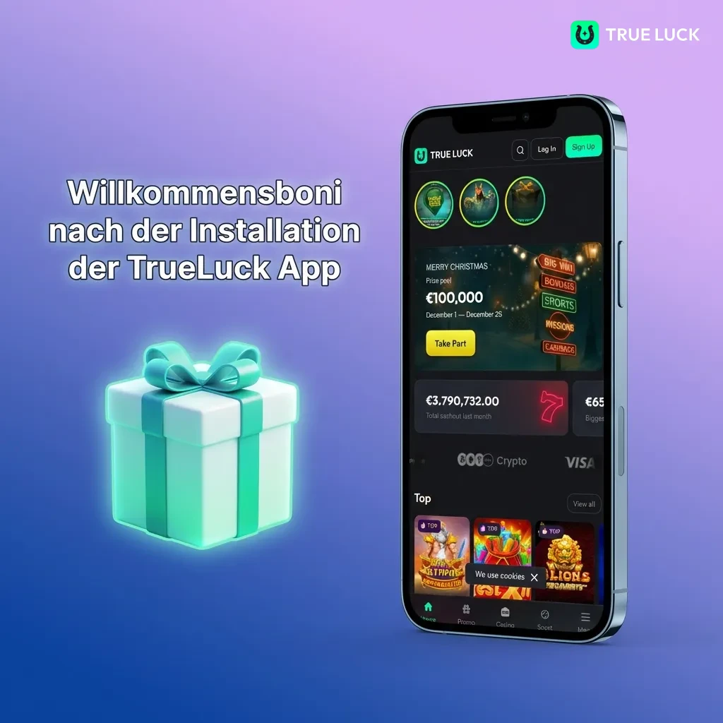 TrueLuck App welcome bonuses: 250% slots bonus up to €4,000, live casino bonus up to €2,000, or 100% sports betting bonus