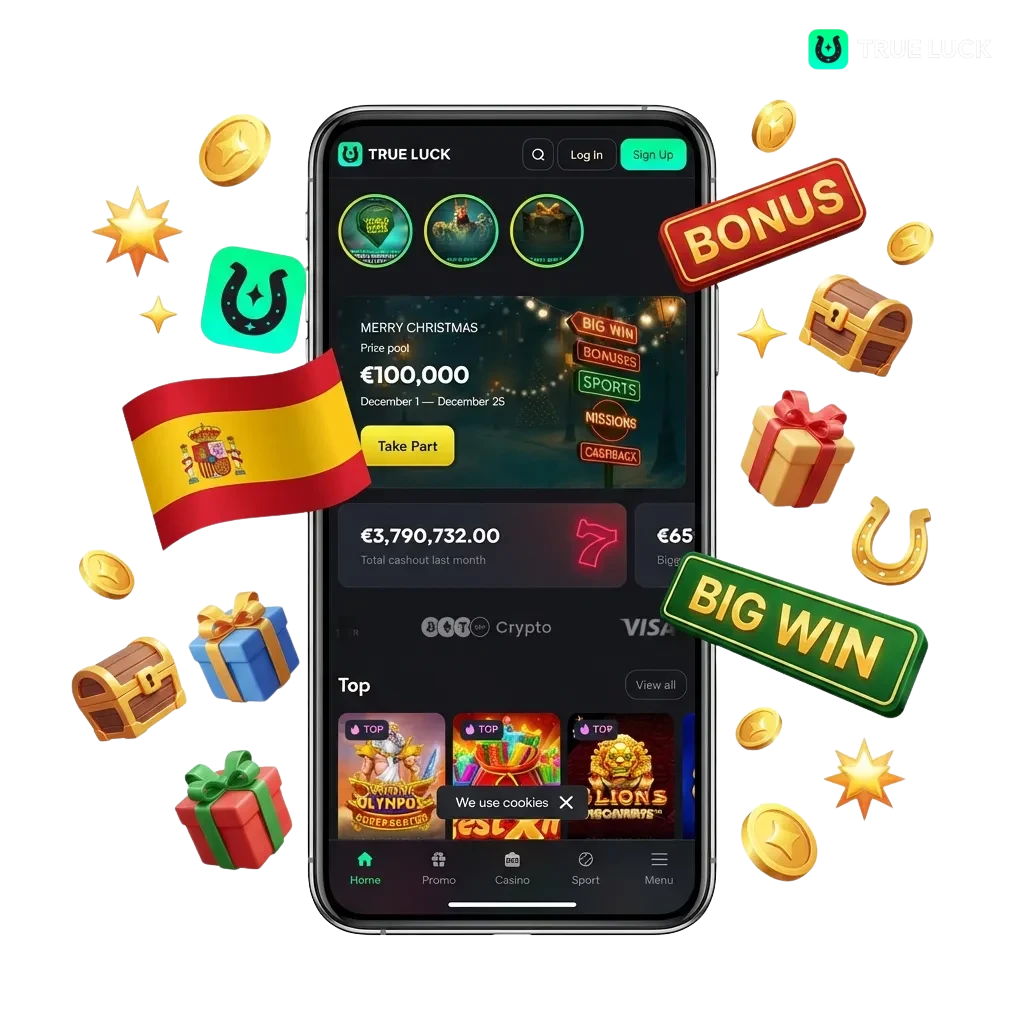 TrueLuck app download page showing Android APK and iOS options with welcome bonus offers for Spanish users