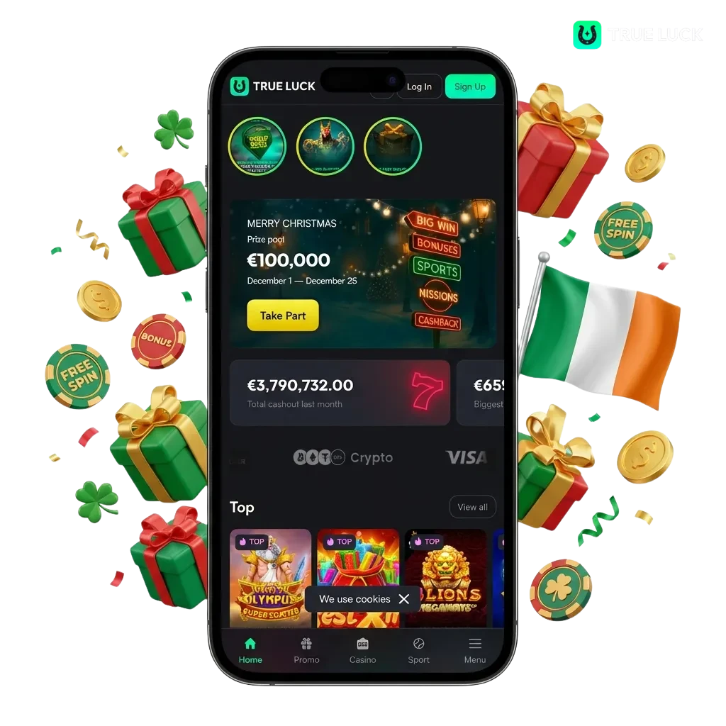 TrueLuck mobile app download page showing Android APK and iOS options with betting, casino features, and payment methods.