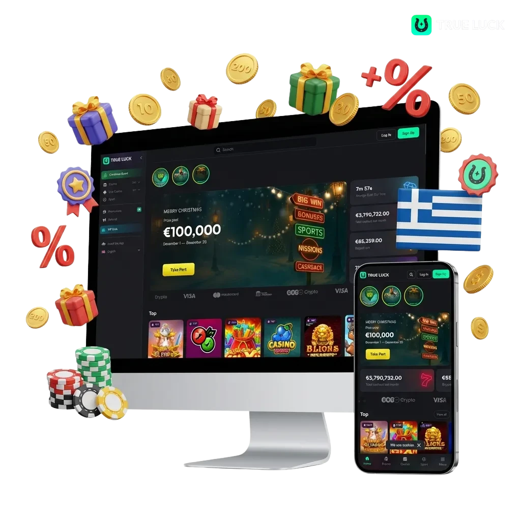 TrueLuck Greece online casino and sports betting platform with welcome bonuses, live games, and mobile app support.